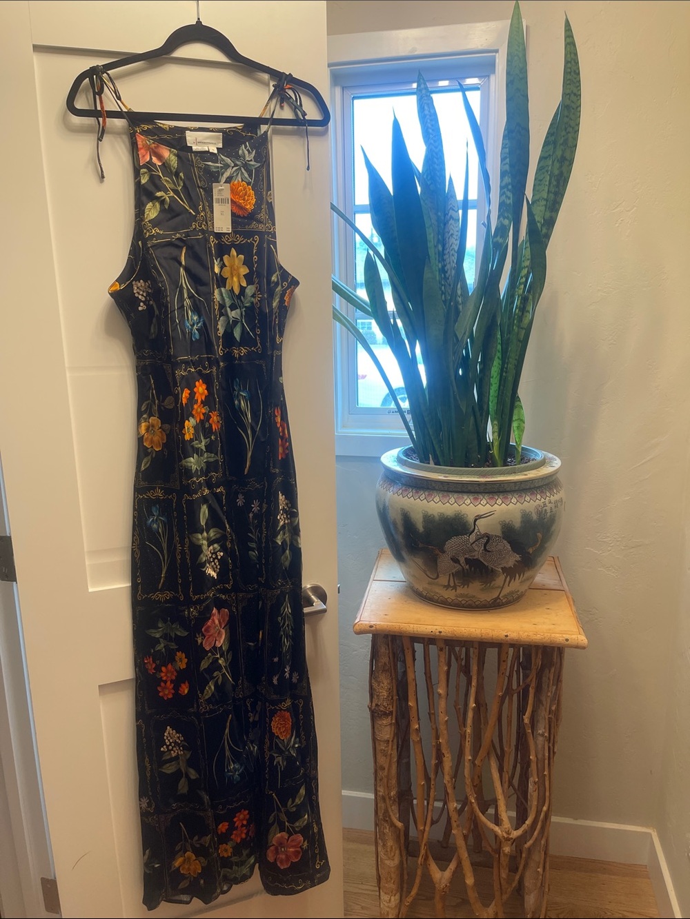 Anthropologie Black Floral Maxi Dress with Tie Straps